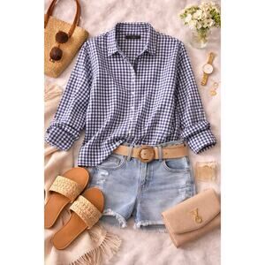 NWOT UNTUCKit Women's Belleza Button Up Long Sleeve Blue Gingham Shirt Size 0